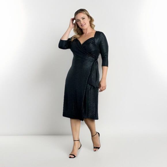 Kiyonna Wrap Dress Party Socialite Style Sweetheart Neck Black Shimmer 2X LBD - Picture 2 of 11